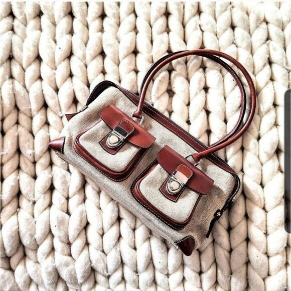 Dooney & Bourke Neutral Canvas Double Push Lock Pocket Satchel, 7.5x13x5